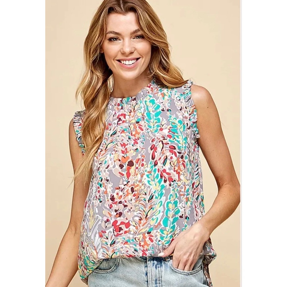 OTT Womens Abstract Floral Ruffle Neck Sleeveless Blouse